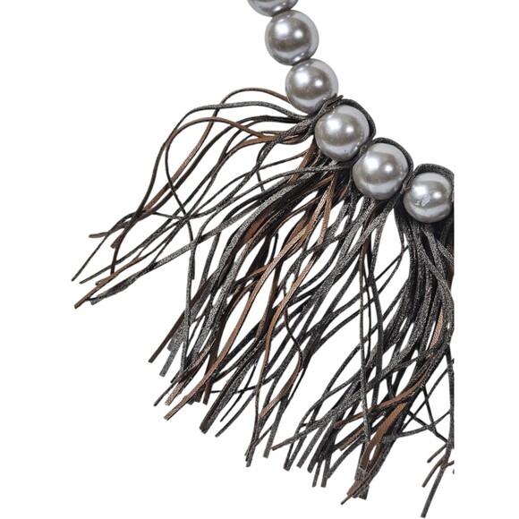 Plunder grey faux pearls leather fringe long Necklace Grunge Retro Art - Picture 3 of 8